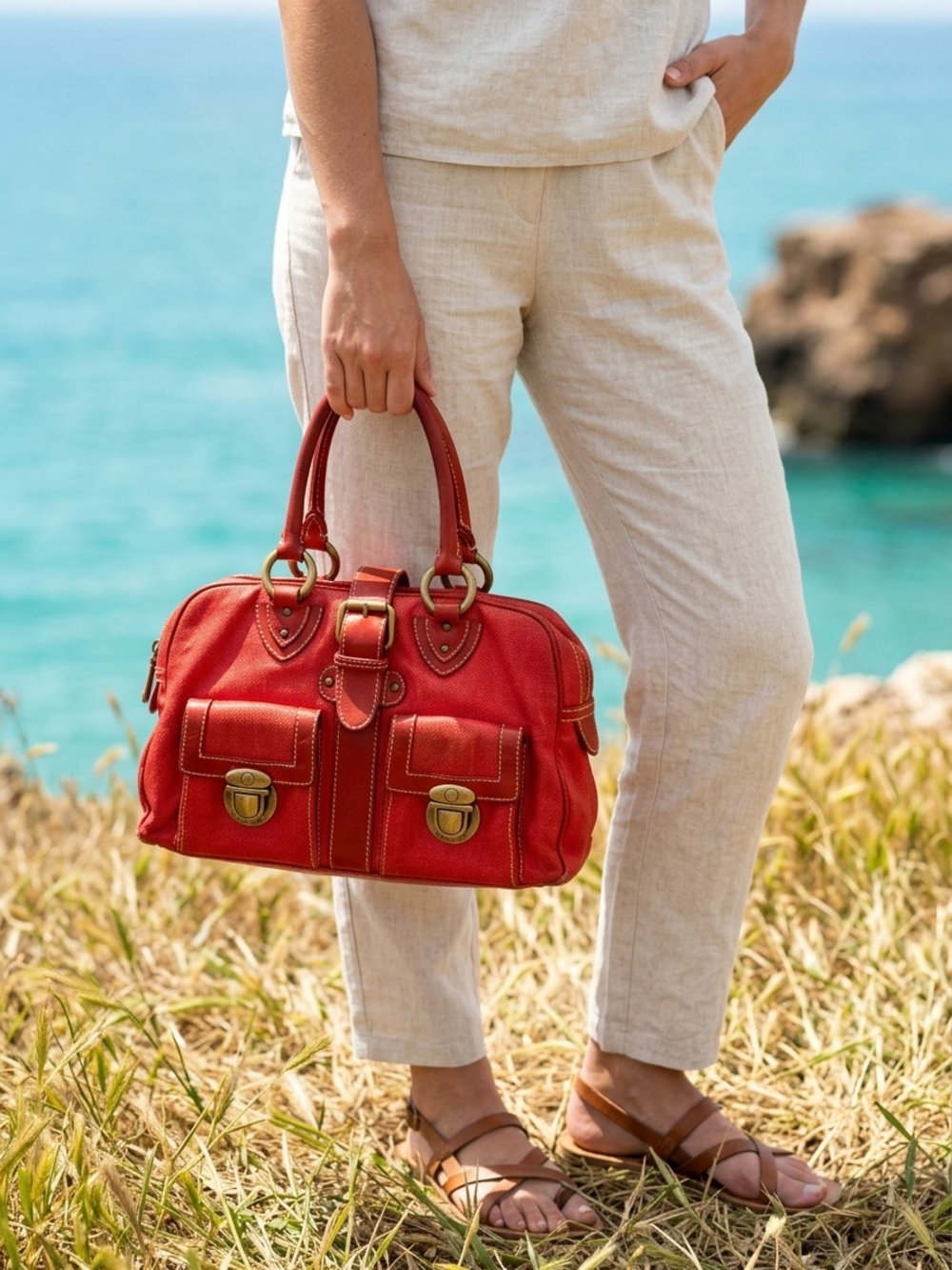 Marc Jacobs Red Leather Satchel with Brass Hardware